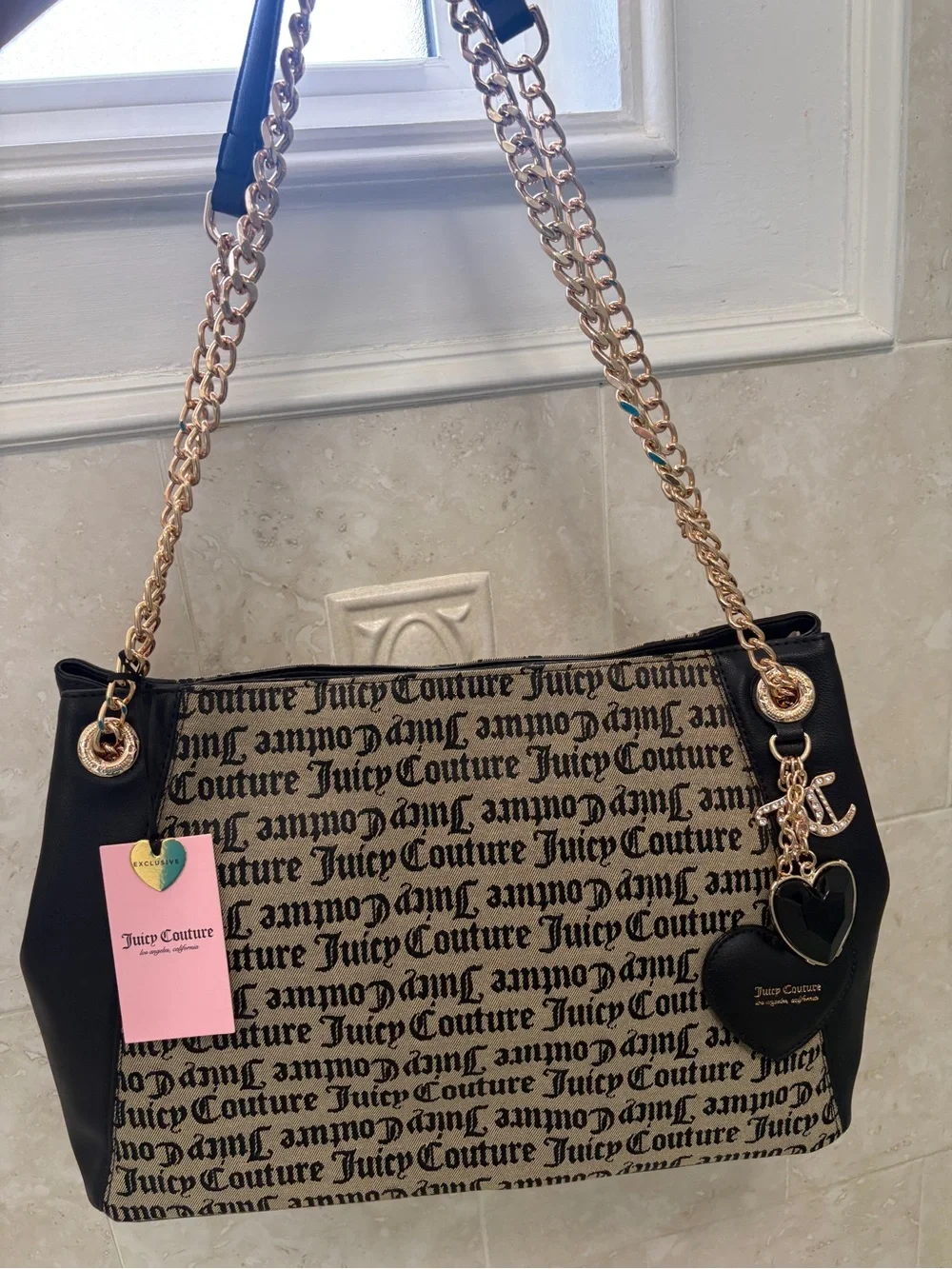 Juicy Couture Black & Beige Logo Shoulder Bag with Gold Chain Straps
